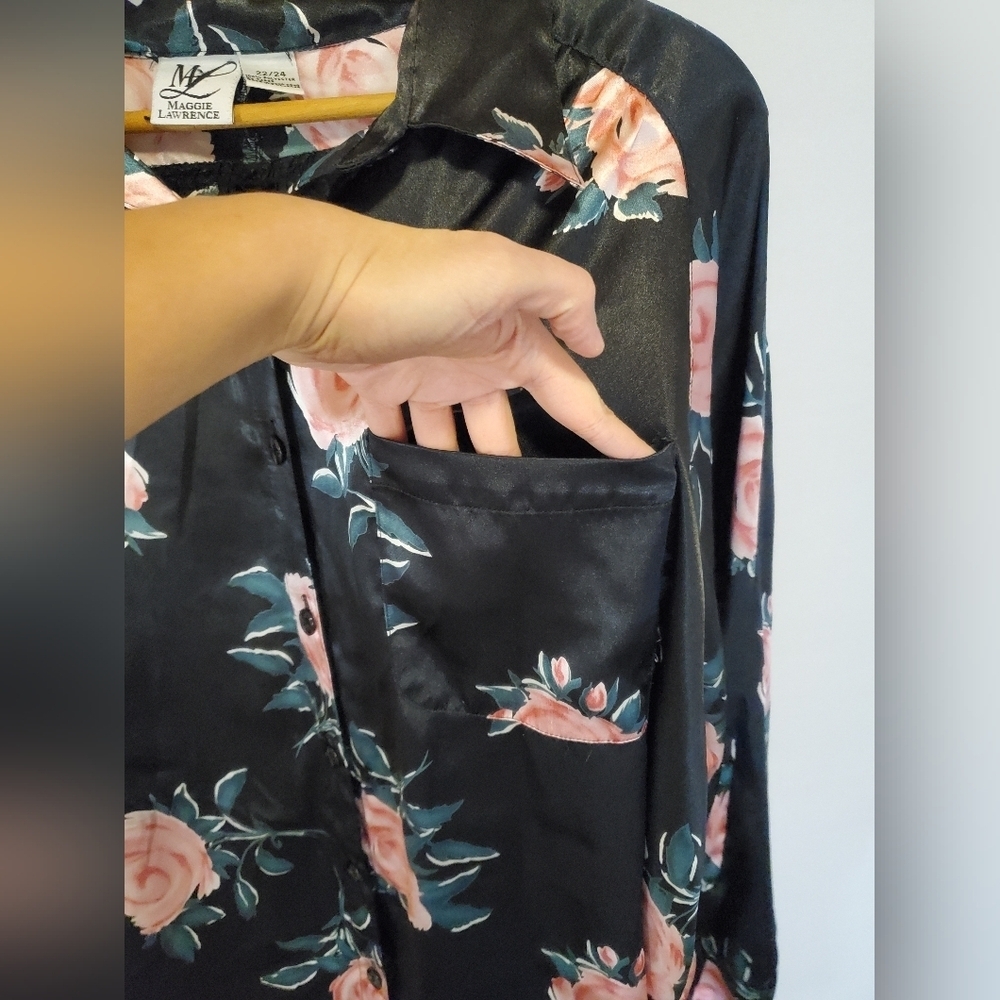 Black Floral Button Down Pajama Shirt - Picture 5 of 9